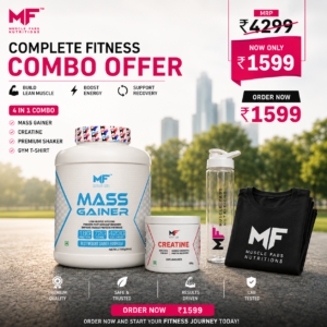 Muscle Fabs 4-in-1 Fitness Combo | Mass Gainer + Creatine + FREE Shaker + FREE Gym T-Shirt | MRP ₹4299 | Offer Price ₹1599