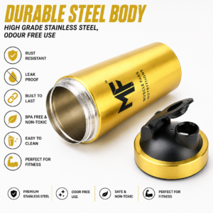 Muscle Fabs Nutritions Premium Stainless Steel Protein Shaker Bottle 700ml | Leak Proof Gym Shaker with Mixing Ball | BPA Free | Gold